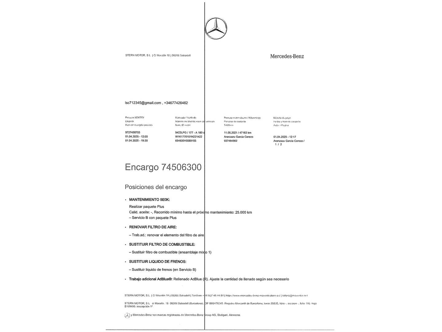 Foto del mantenimiento del Mercedes Clase A Mercedes Clase A 180 d (116 CV) Pack AMG