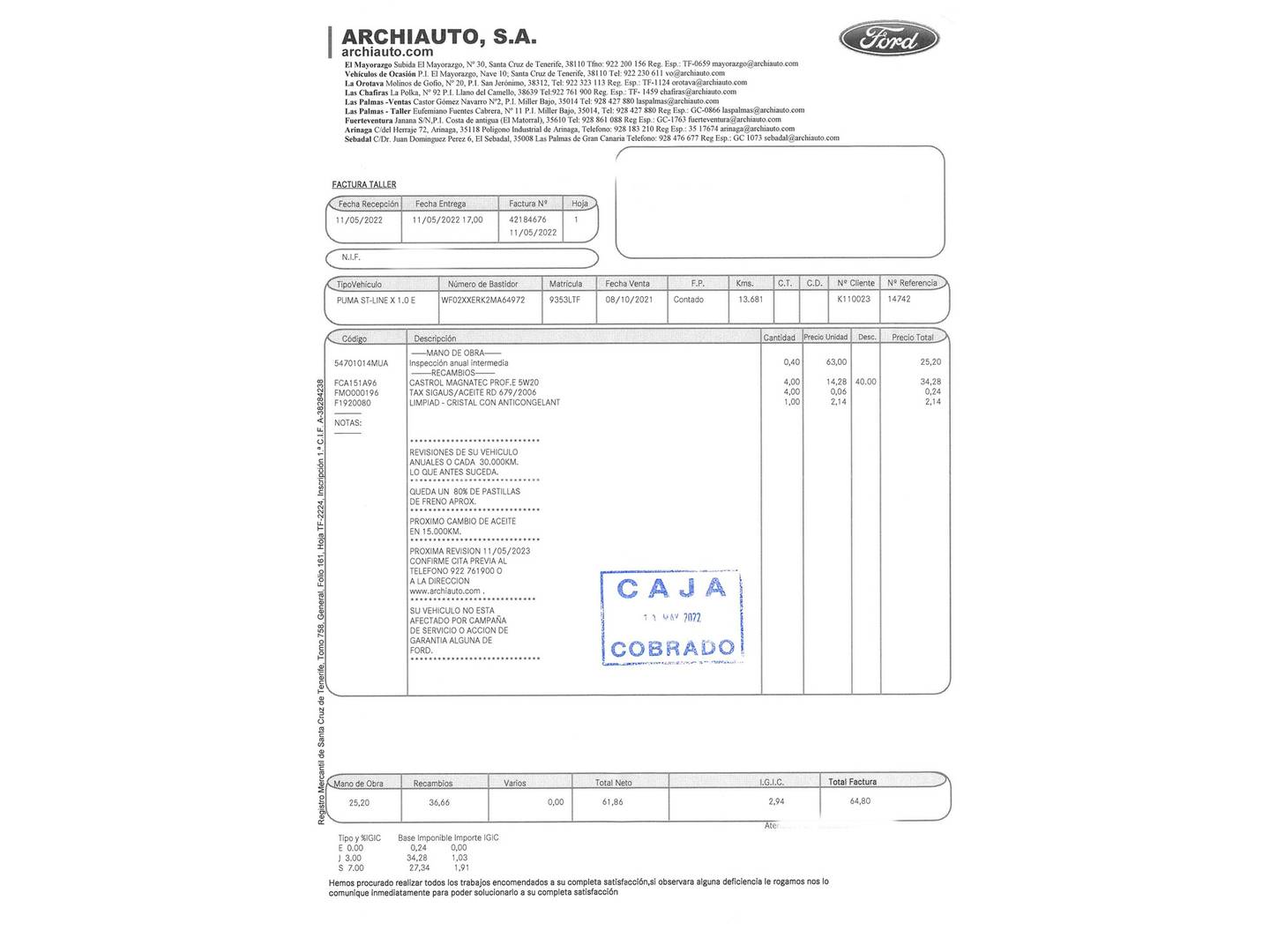 Foto del mantenimiento del Ford Puma Ford Puma 1.0 EcoBoost MHEV ST-Line X (125 CV)