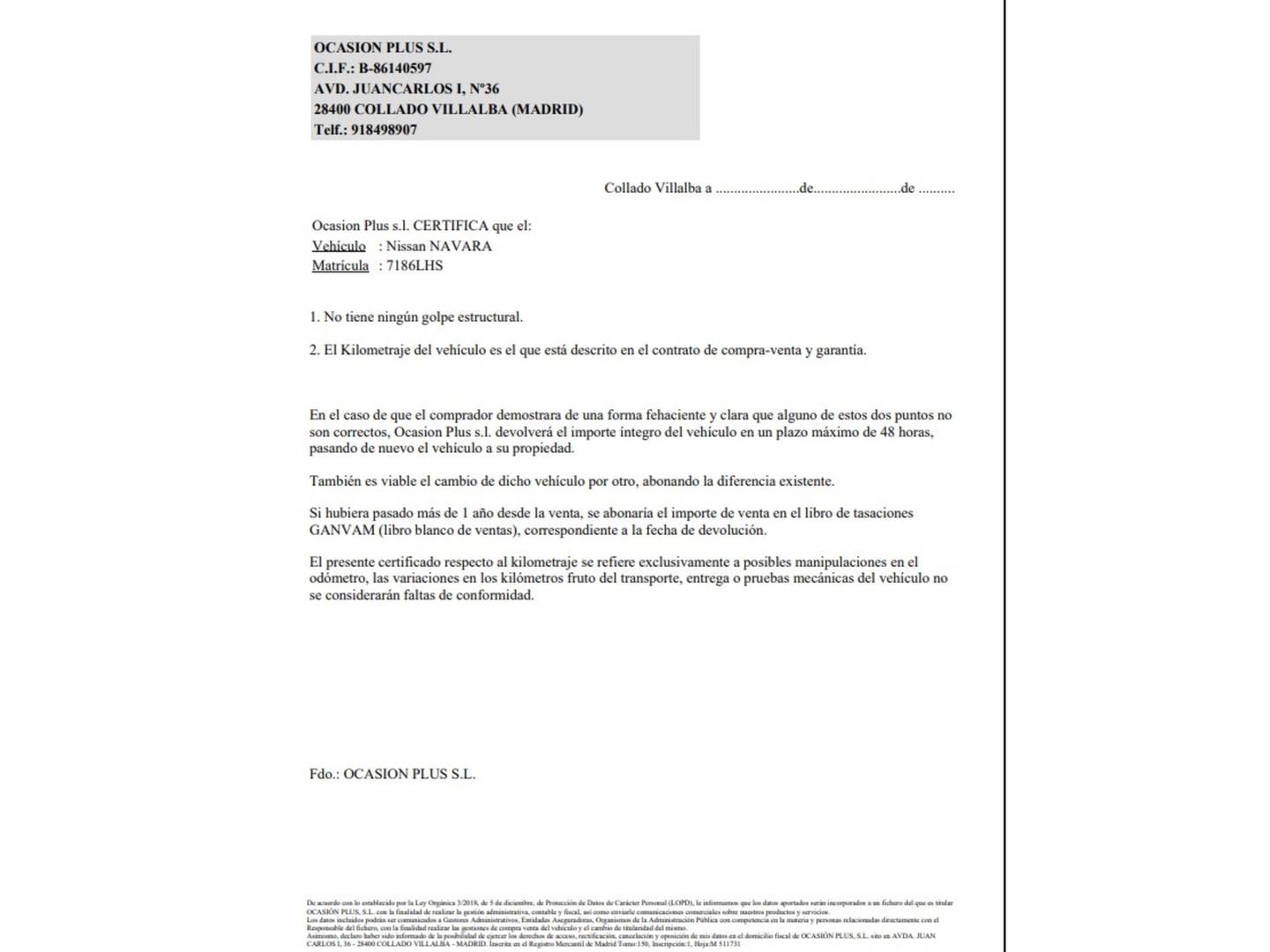 Foto del certificado del Nissan Navara Nissan Navara PickUp 2.3 dCi Doble Cabina Visia BDif  (163 CV)