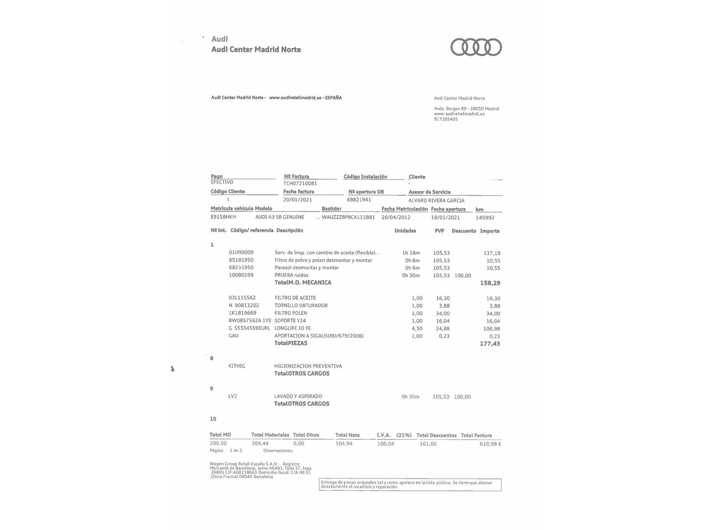 Foto del mantenimiento del Audi A3 Audi A3 Sportback A3 Sportback Attraction 1.6 TDI (105 CV)