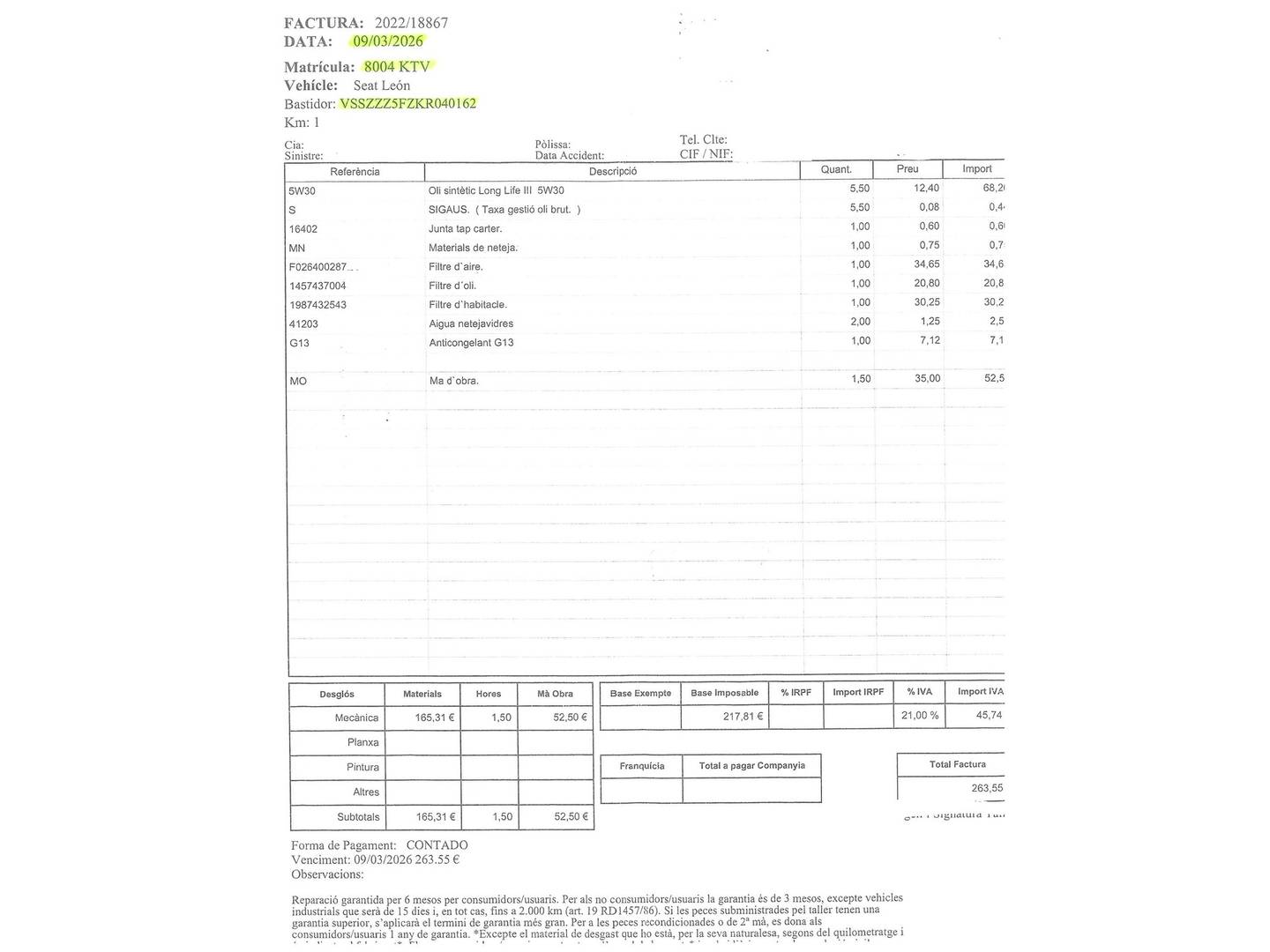 Foto del mantenimiento del Seat León Seat León 2.0 TSI S&S FR DSG (190 CV)