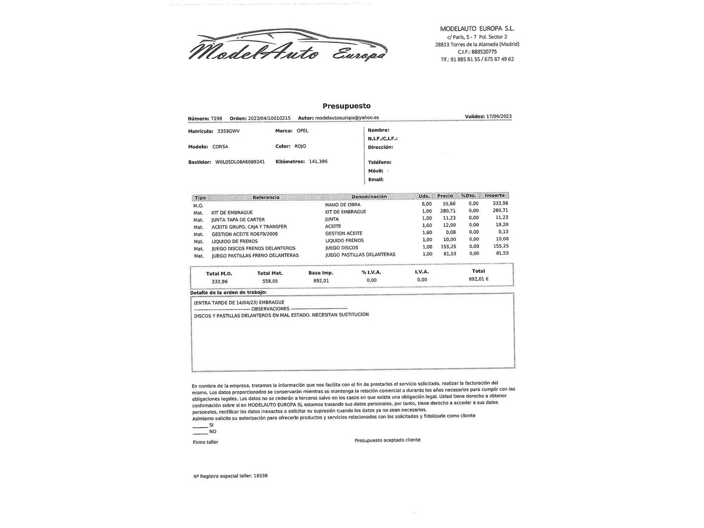 Foto del mantenimiento del Opel Corsa Opel Corsa 1.4 111 Years (100 CV)