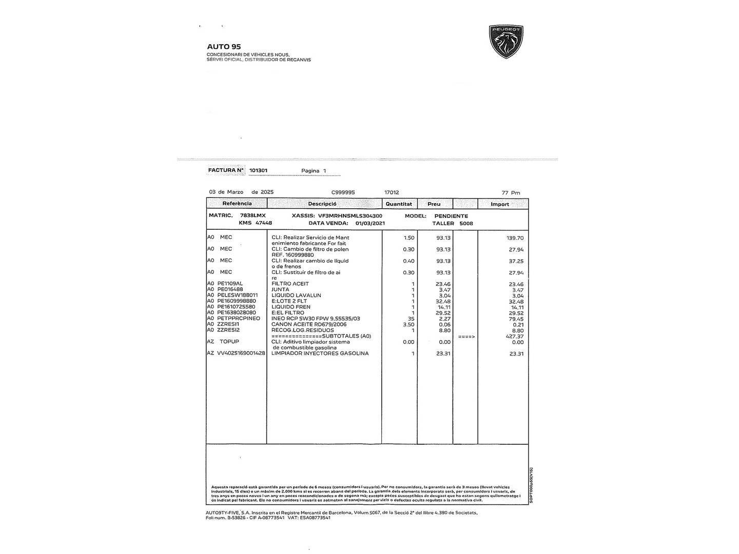 Foto del mantenimiento del Peugeot 5008 Peugeot 5008 PureTech 130 S&S Allure Pack (130 CV) 7 Plazas