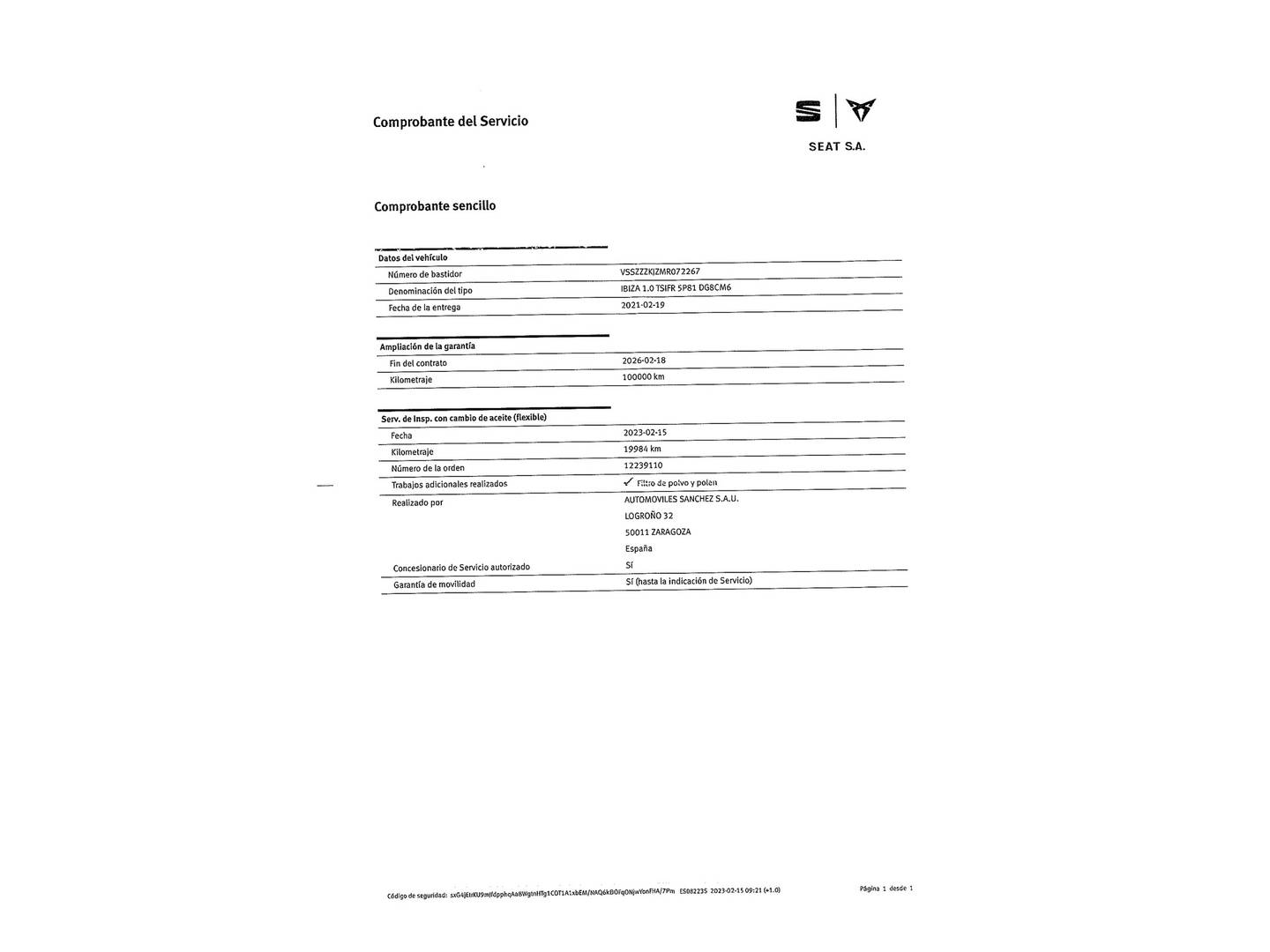 Foto del mantenimiento del Seat Ibiza Seat Ibiza 1.0 TSI FR Go2 (110 CV)