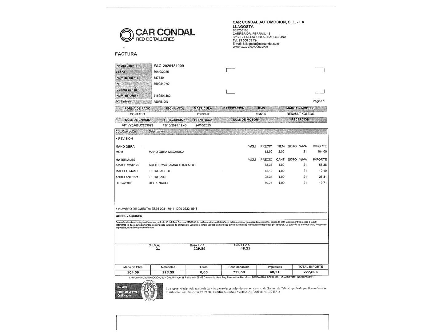 Foto del mantenimiento del Renault Koleos Renault Koleos Dynamique PK2 2.0 dCi 4x2 (150 CV)