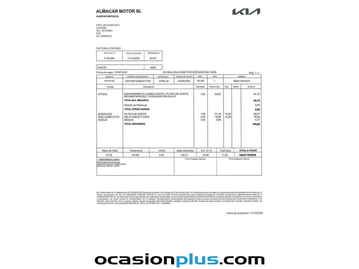 Foto del mantenimiento del KIA Sportage KIA Sportage 1.6 MHEV Business 4x2 DCT (136 CV)