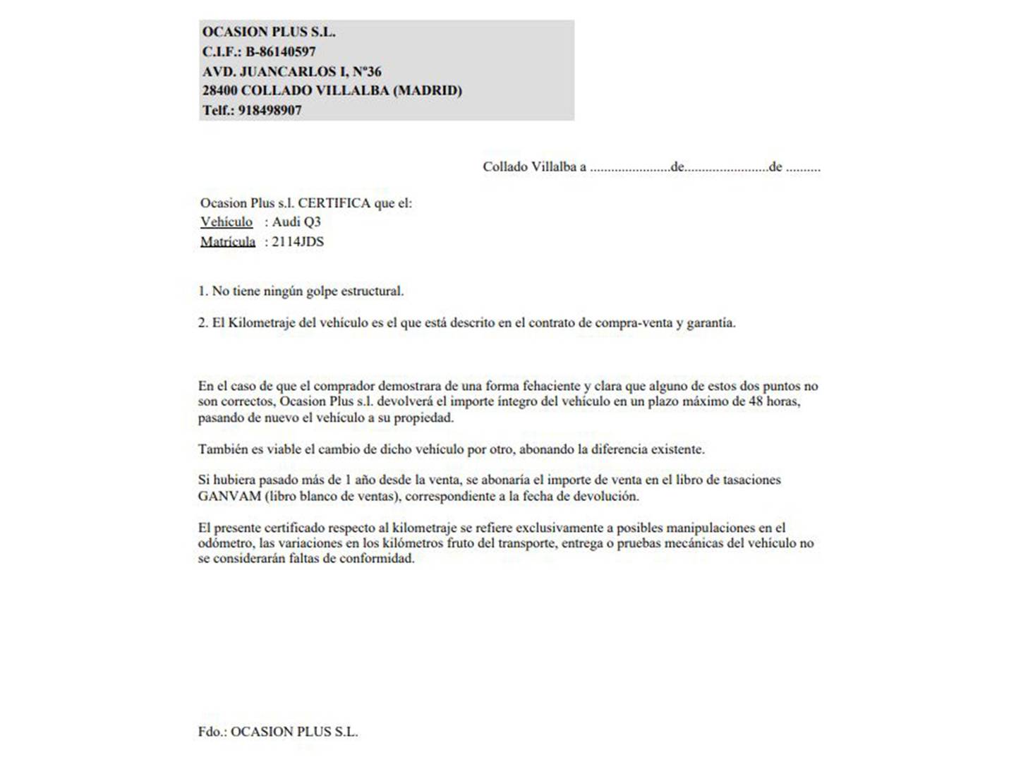 Foto del certificado del Audi Q3 Audi Q3 sport edition 2.0 TDI quattro (150 CV) S tronic