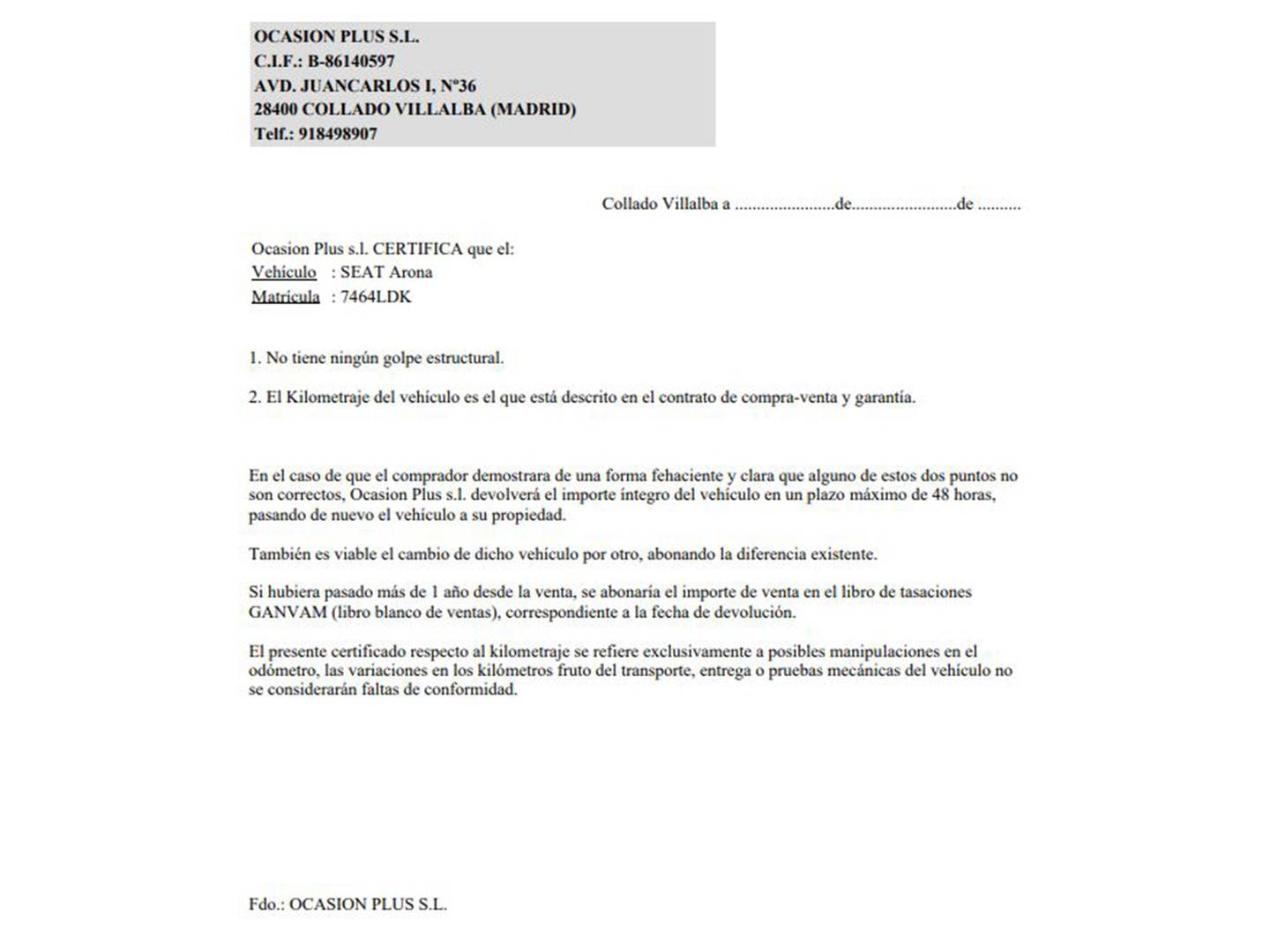 Foto del certificado del Seat Arona Seat Arona 1.0 TSI Ecomotive Style Edition (115 CV)