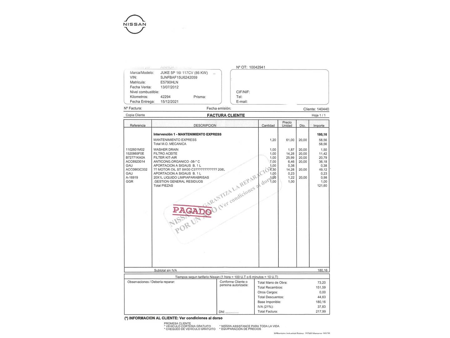 Foto del mantenimiento del Nissan JUKE Nissan Juke 1.6 Tekna Premium CVT 4X2 (117 CV)