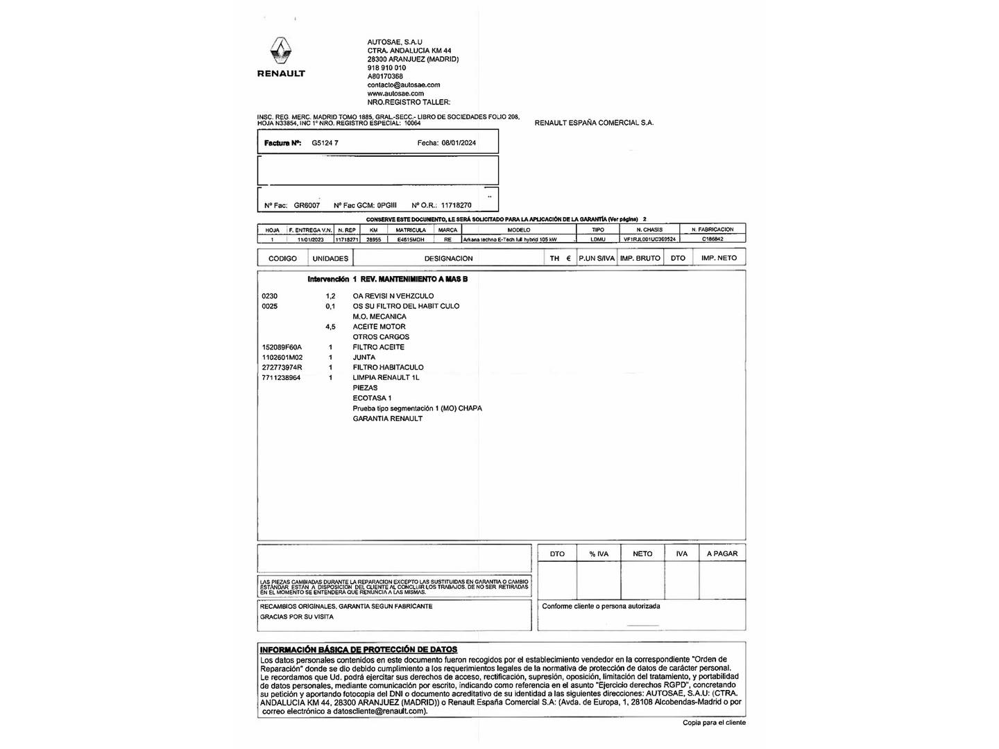 Foto del mantenimiento del Renault Arkana Renault Arkana Techno E-Tech full hybrid (145 CV)