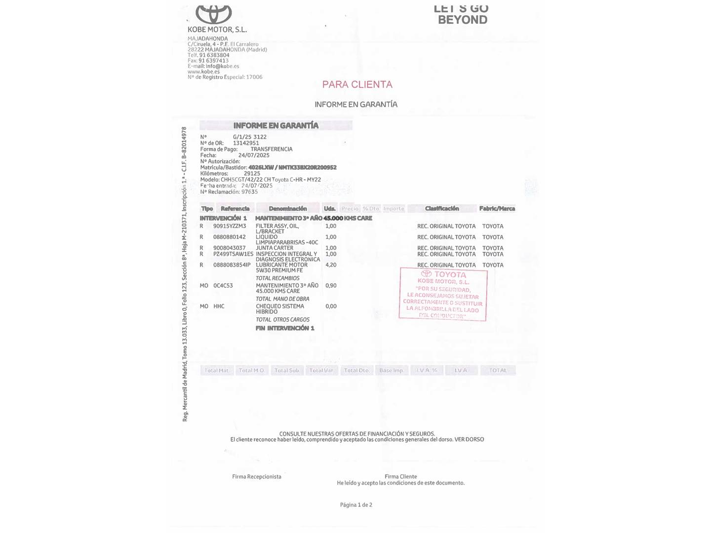 Foto del mantenimiento del Toyota C-HR Toyota C-HR 1.8 125H Advance (122 CV)