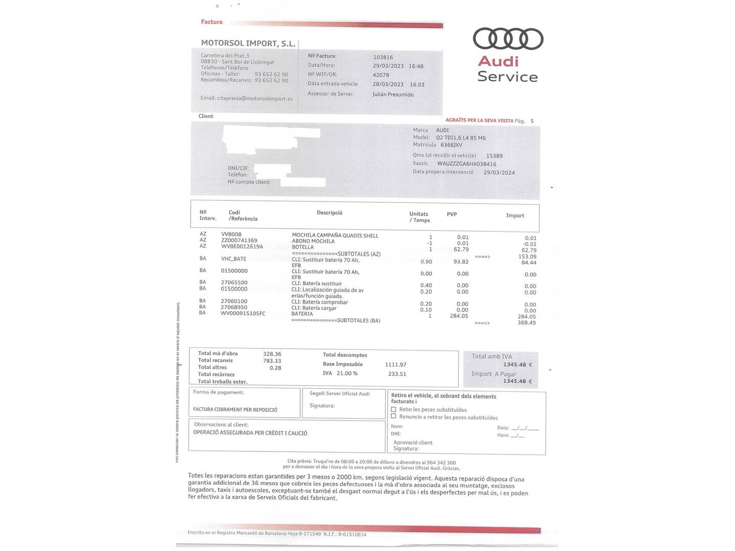 Foto del mantenimiento del Audi Q2 Audi Q2 sport edition 1.6 TDI (116 CV)