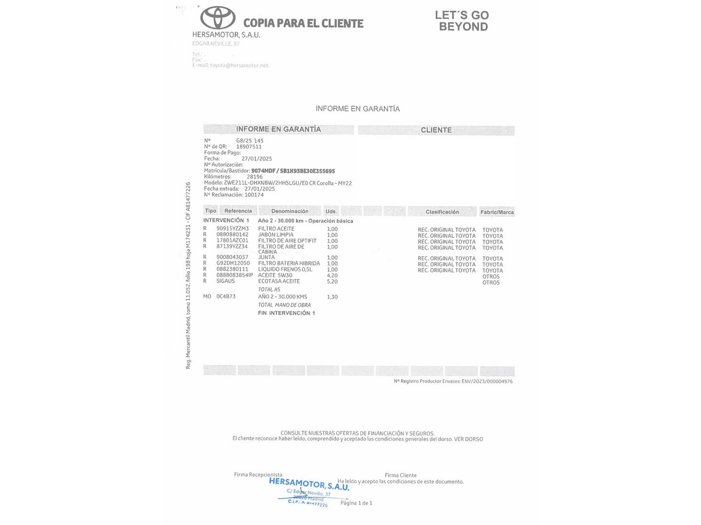 Foto del mantenimiento del Toyota Corolla Toyota Corolla 1.8 125 Híbrido Active Tech E-CVT (122 CV)