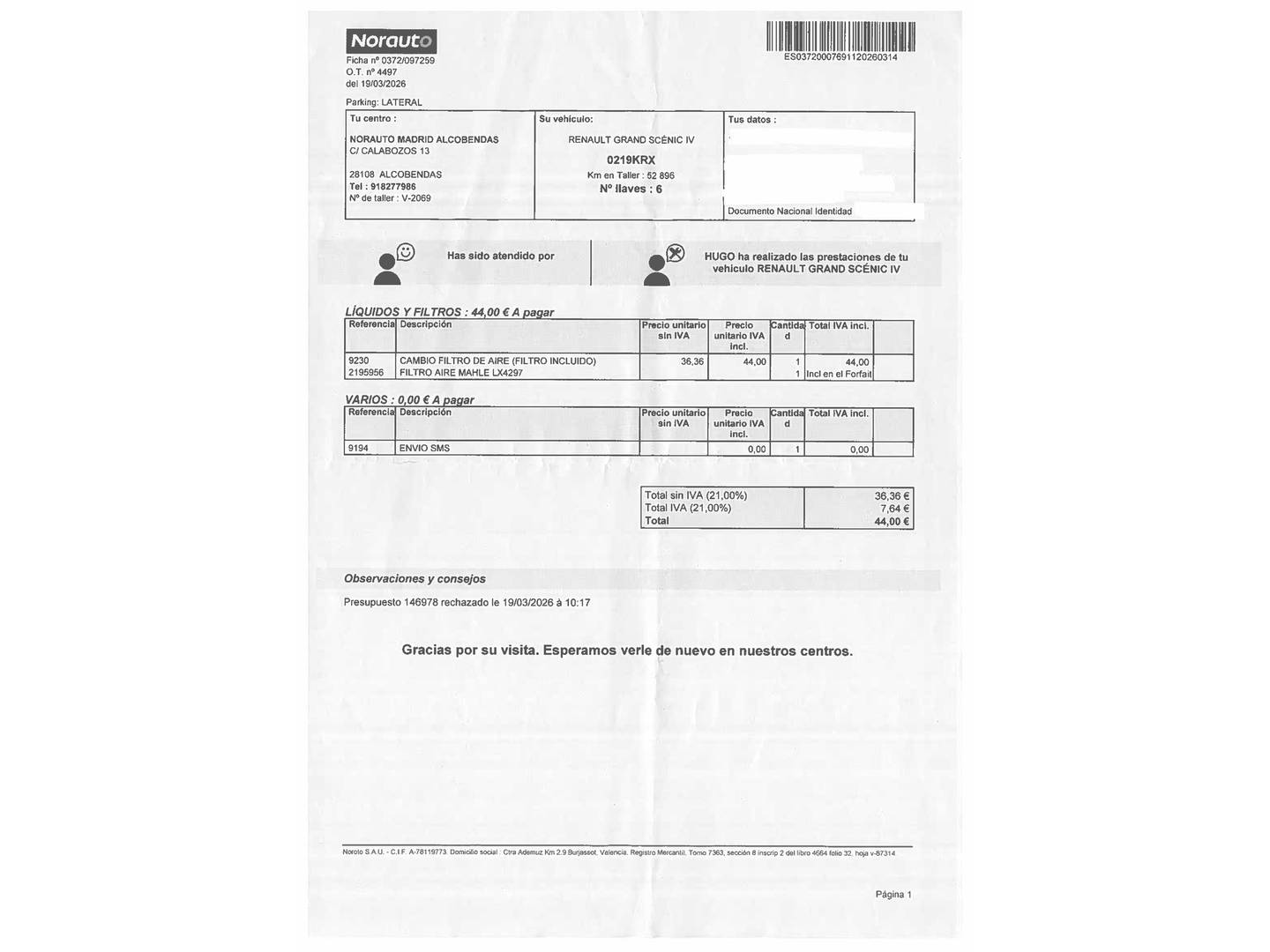Foto del mantenimiento del Renault Grand Scénic Renault Grand Scenic Zen Energy TCe (140 CV) 7 Plazas