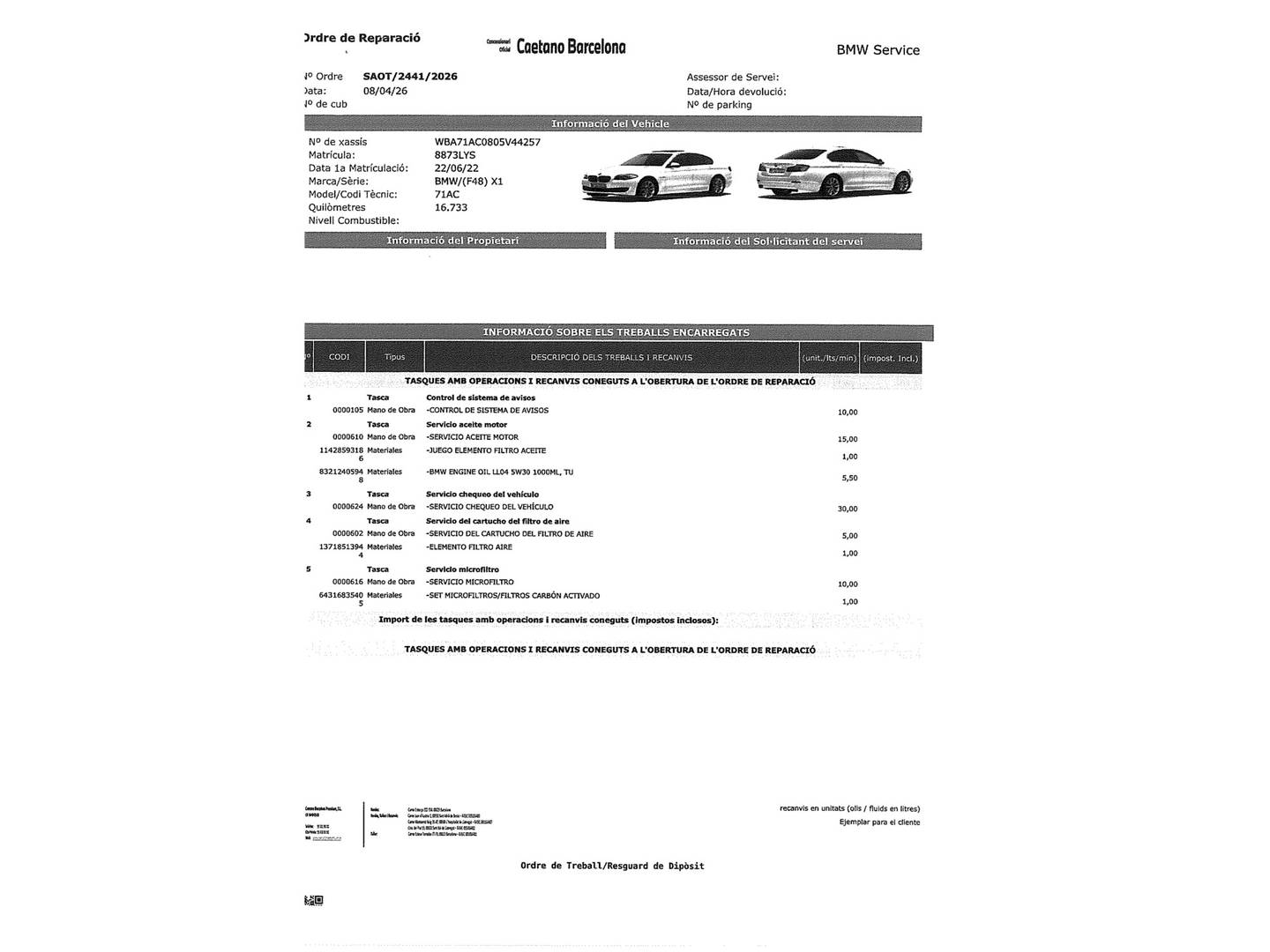 Foto del mantenimiento del BMW X1 BMW X1 sDrive18d (150 CV)
