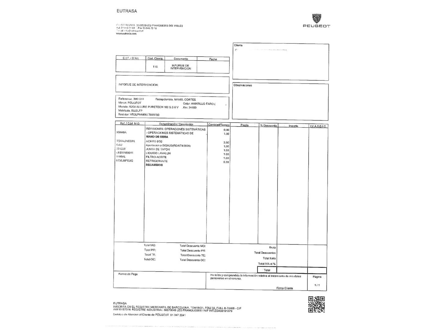 Foto del mantenimiento del Peugeot 208 Peugeot 208 PureTech 100 Allure (100 CV)
