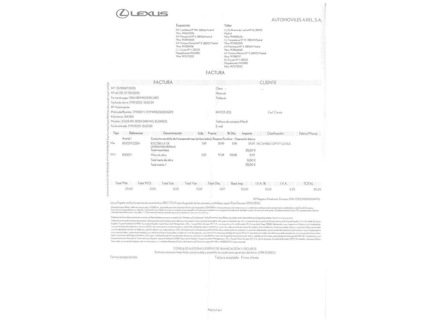 Foto del mantenimiento del Lexus NX Lexus NX 300h Business 2WD (197 CV)