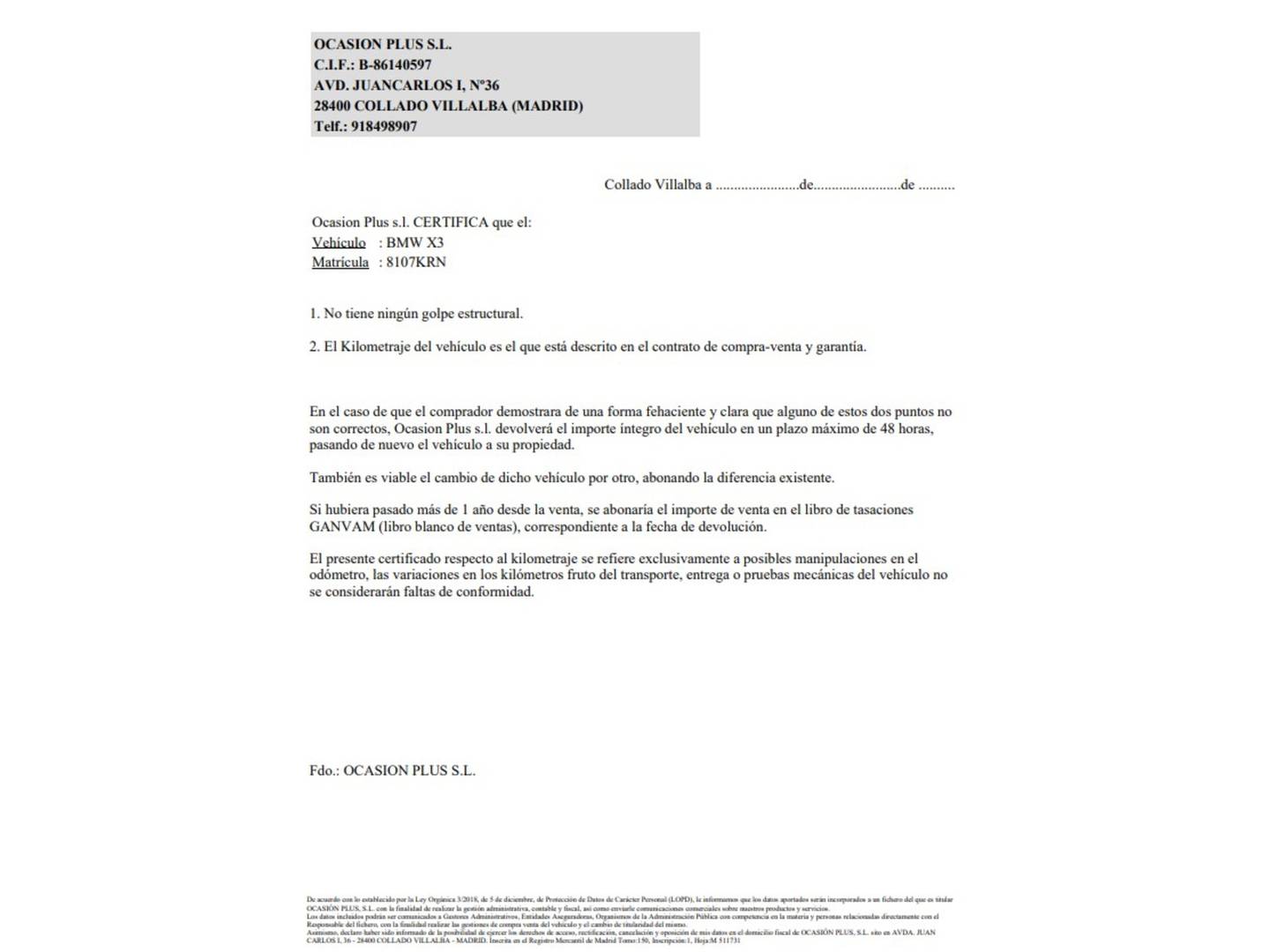 Foto del certificado del BMW X3 BMW X3 xDrive20i (184 CV)