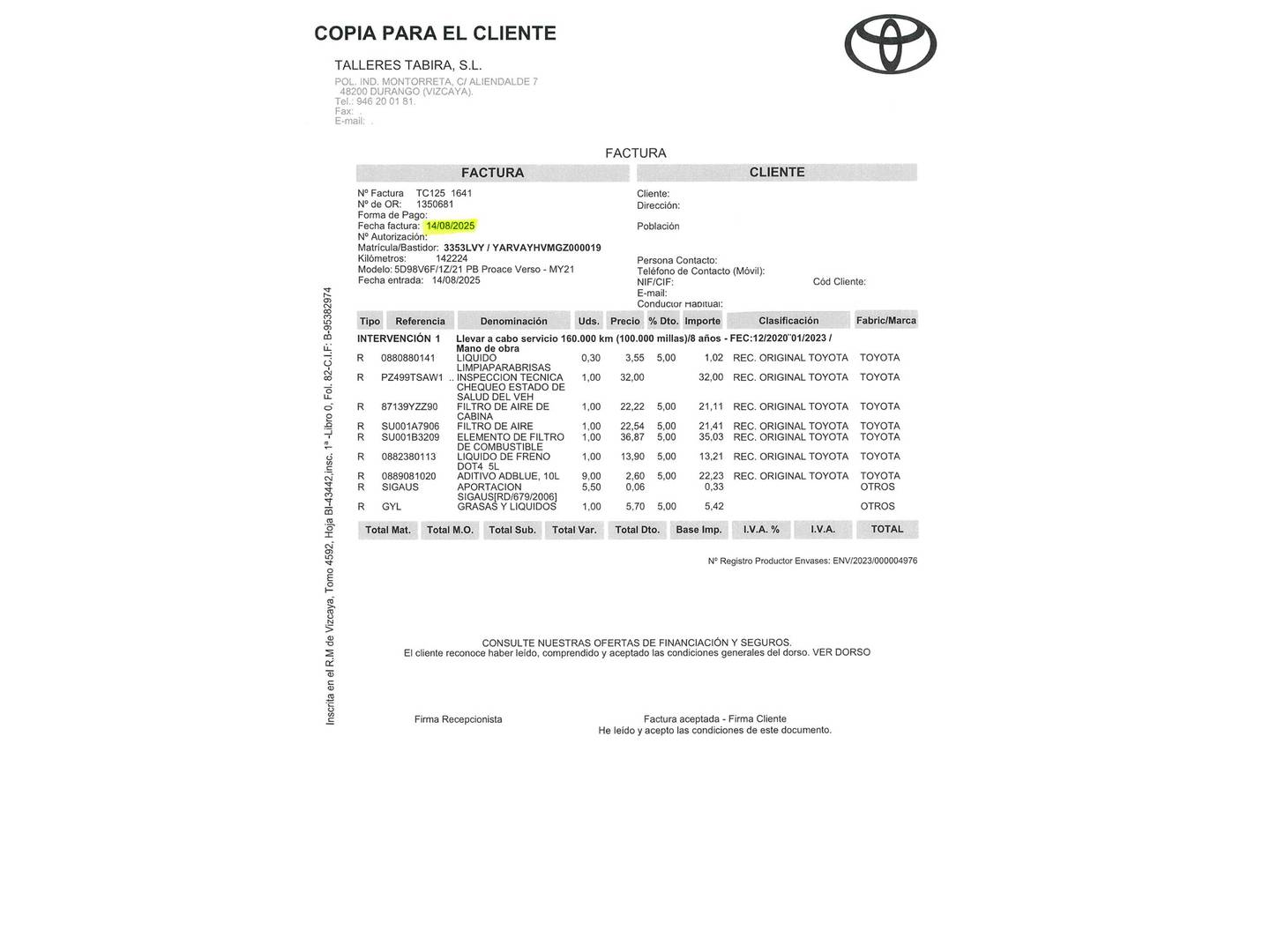 Foto del mantenimiento del Toyota Proace Verso Toyota Proace Verso 1.5D VX Shuttle L1 (120 CV) 9 Plazas