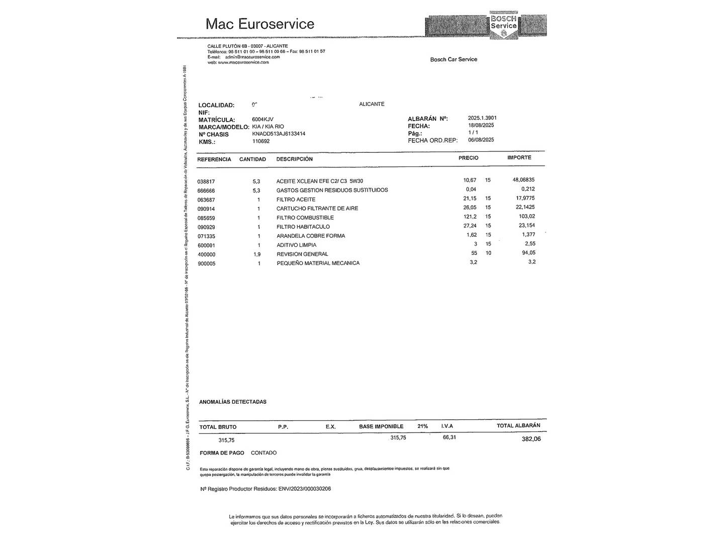 Foto del mantenimiento del KIA Rio Kia Rio 1.4 CRDi WGT Drive (90 CV)