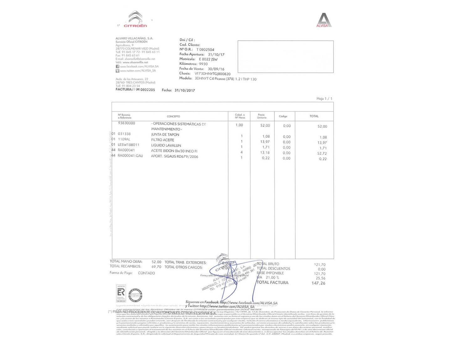 Foto del mantenimiento del Citroën C4 Picasso Citroën C4 Picasso PureTech 130 S&S 6v Shine EAT6 (130 CV)