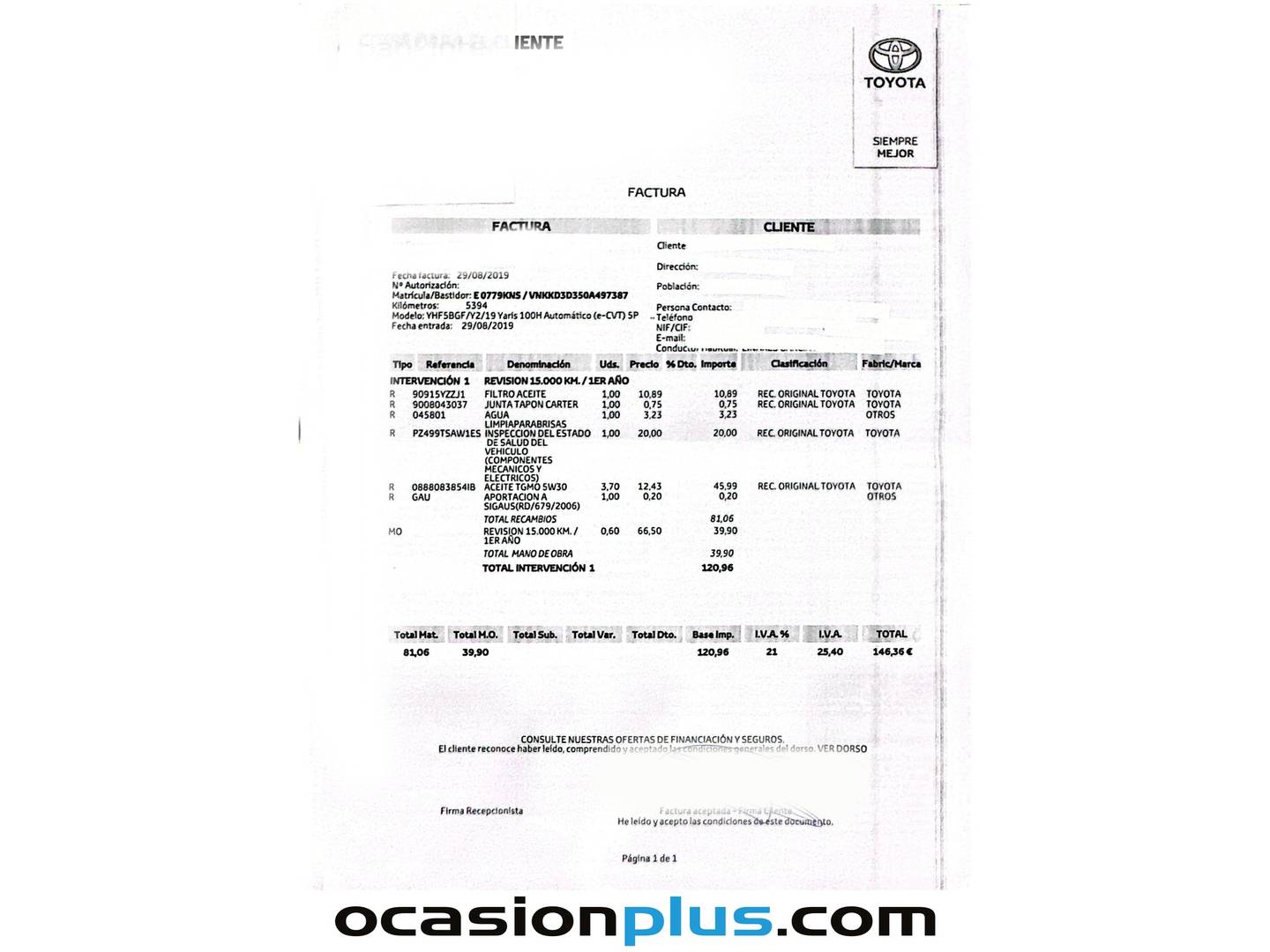 Foto del mantenimiento del Toyota Yaris Toyota Yaris 1.5 Hybrid Advance (100 CV)