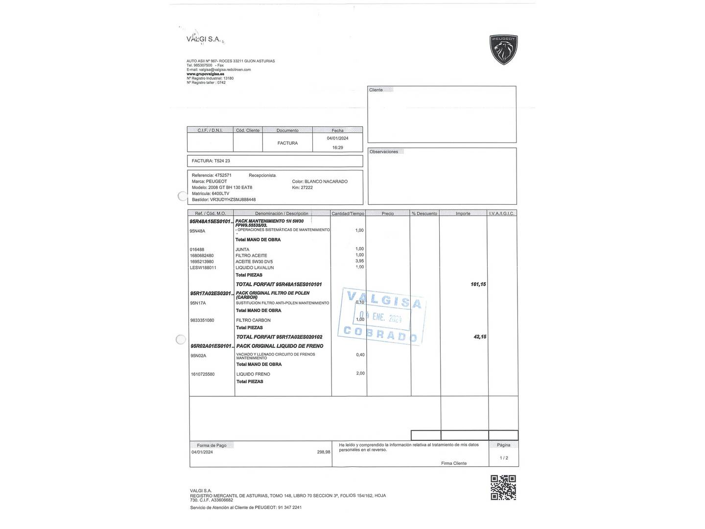 Foto del mantenimiento del Peugeot 2008 Peugeot 2008 BlueHDi 130 S&S GT EAT8 (130 CV)