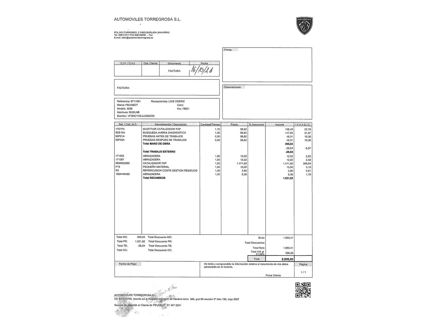 Foto del mantenimiento del Peugeot 3008 Peugeot 3008 BlueHDi 130 S&S Allure (130 CV)