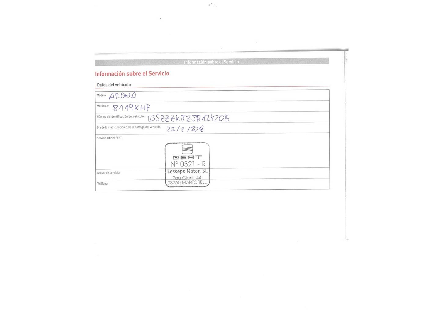 Foto del mantenimiento del Seat Arona Seat Arona 1.0 TSI Style Ecomotive (95 CV)