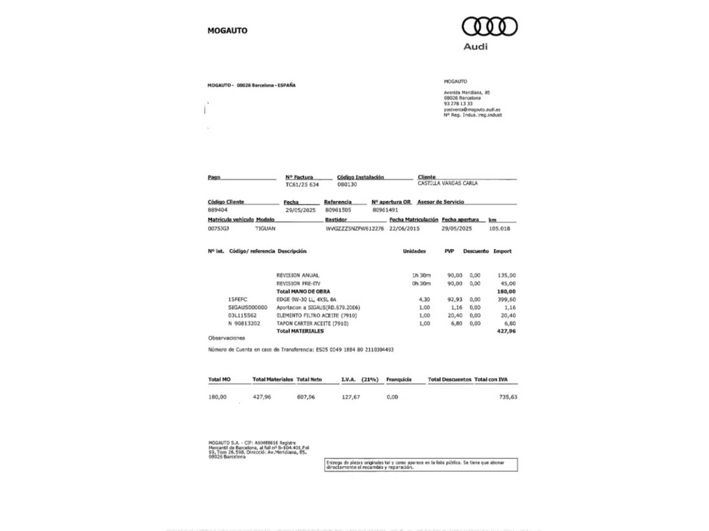 Foto del mantenimiento del Volkswagen Tiguan Volkswagen Tiguan Sport 2.0 TDI BMT 4Motion (177 CV) DSG
