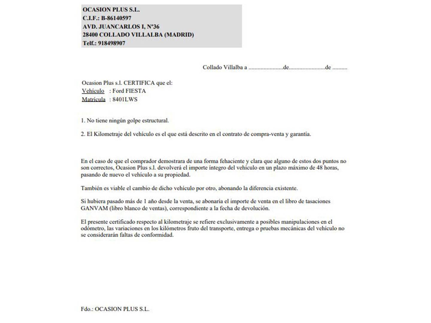 Foto del certificado del Ford Fiesta Ford Fiesta 1.0 EcoBoost MHEV ST-Line (125 CV)