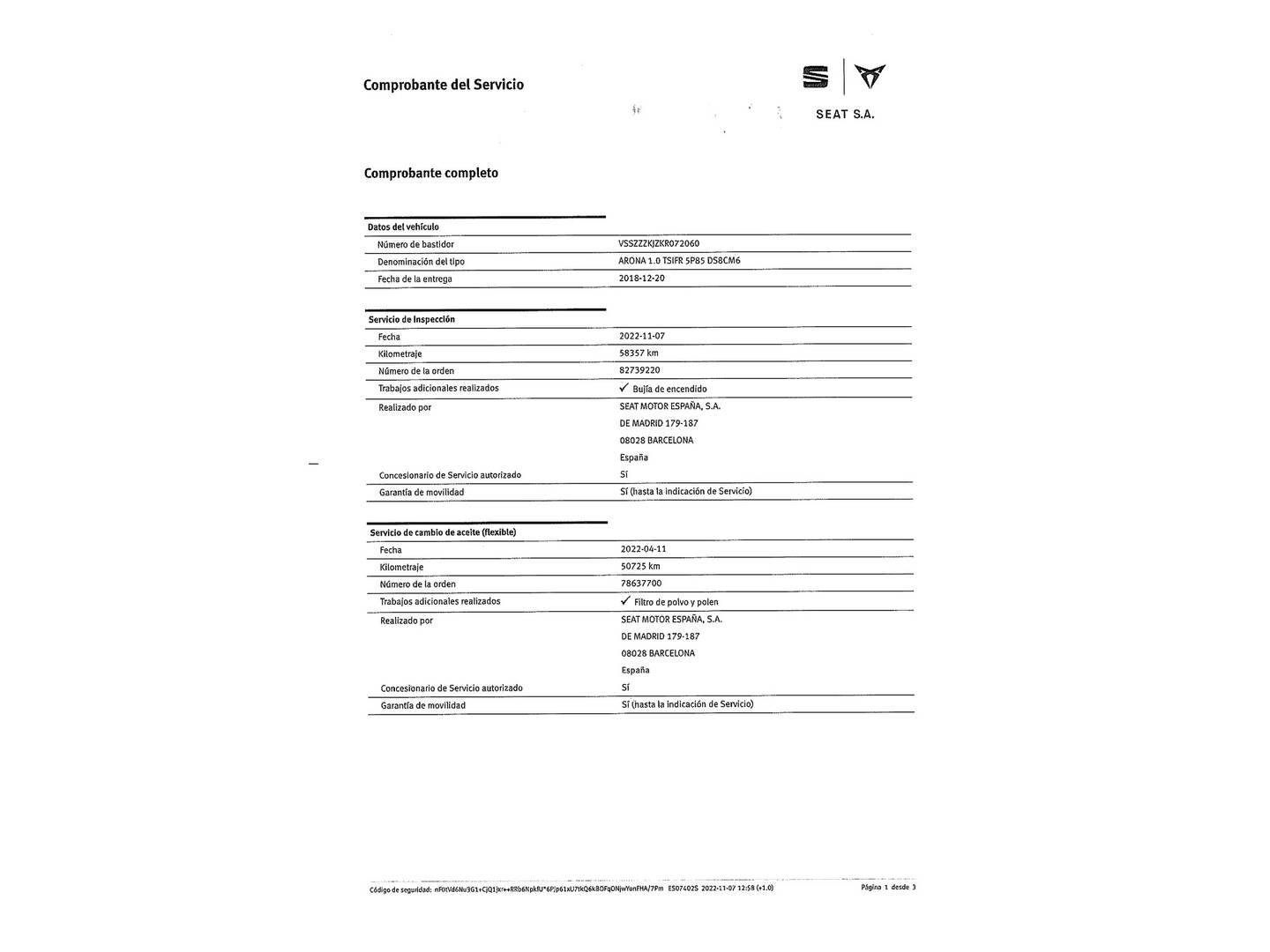 Foto del mantenimiento del Seat Arona Seat Arona 1.0 TSI Ecomotive FR Edition (115 CV)