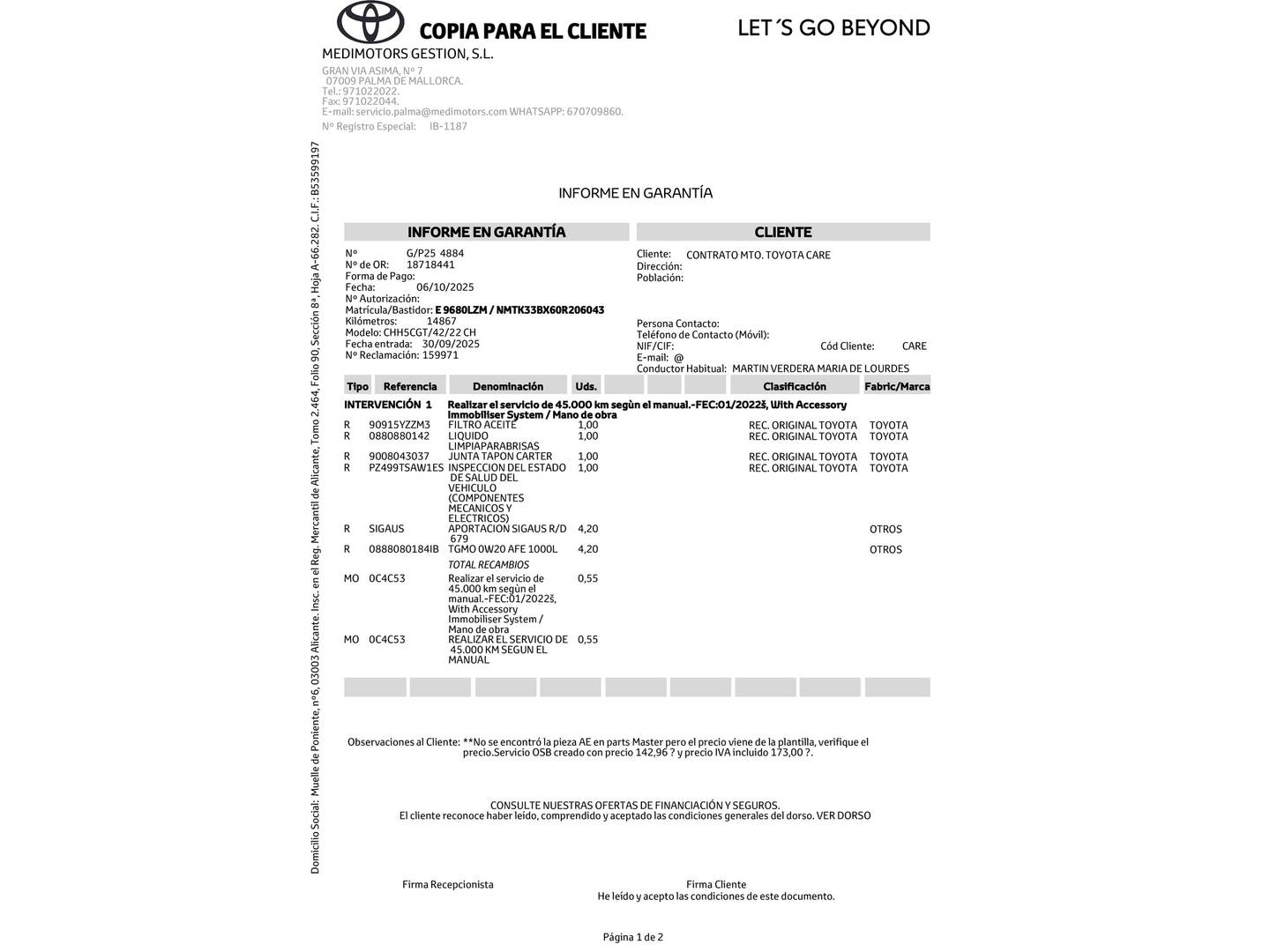 Foto del mantenimiento del Toyota C-HR Toyota C-HR 1.8 125H Advance (122 CV)