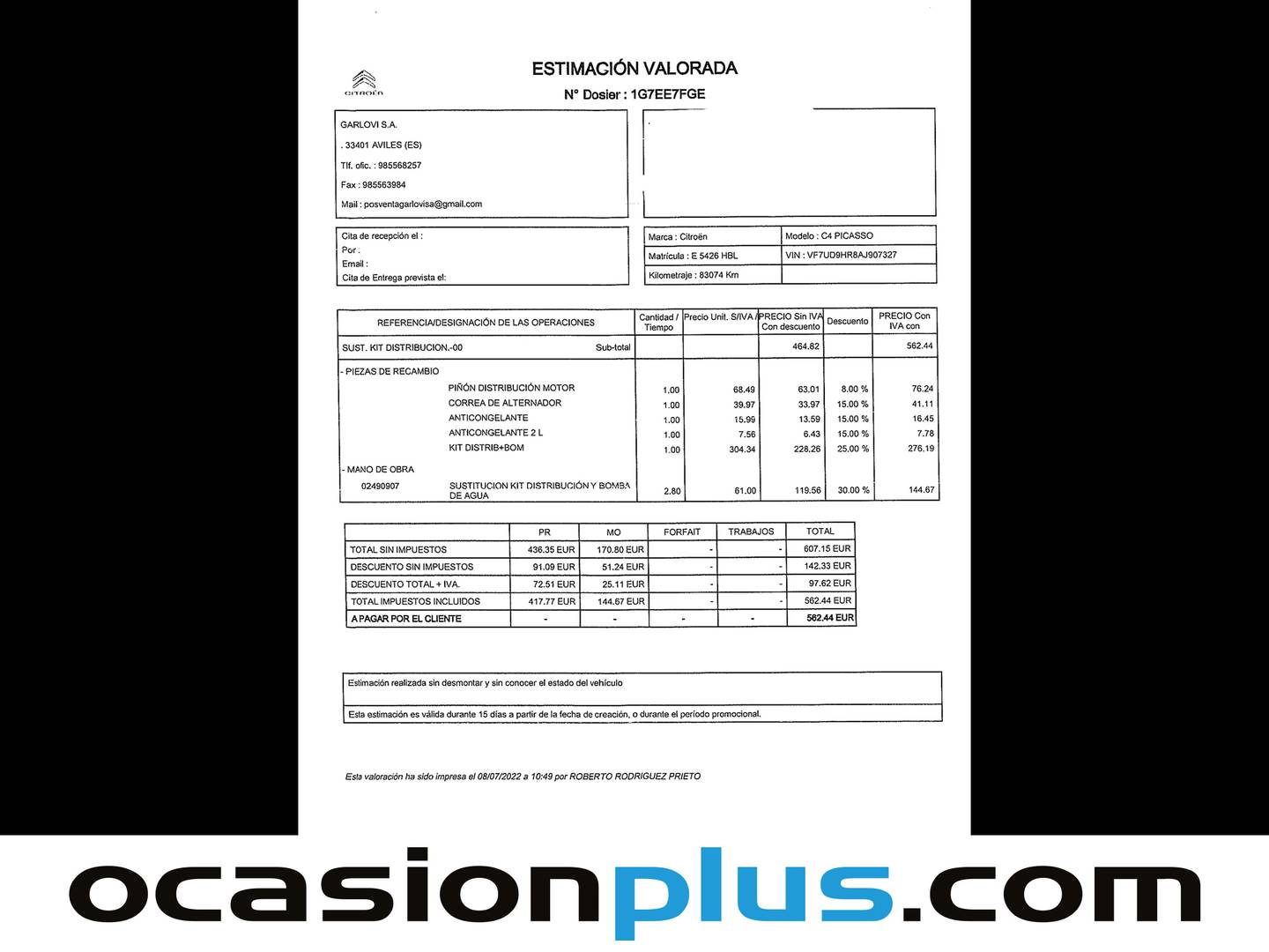 Foto del mantenimiento del Citroën C4 Picasso Citroen C4 Picasso 1.6 HDI Millenium (109 CV)