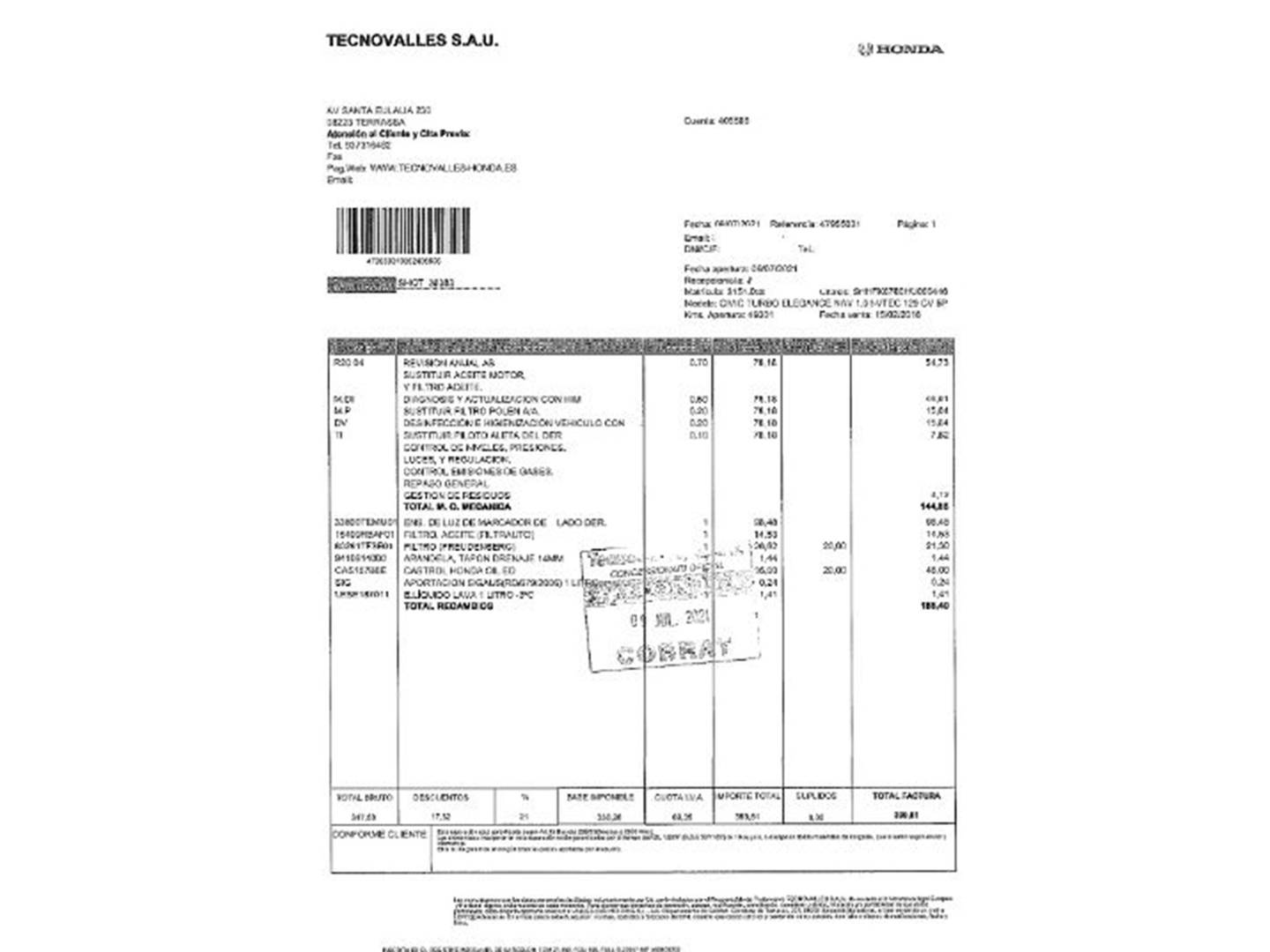 Foto del mantenimiento del Honda Civic Honda Civic 1.0 I-VTEC TURBO Elegance (129 CV)