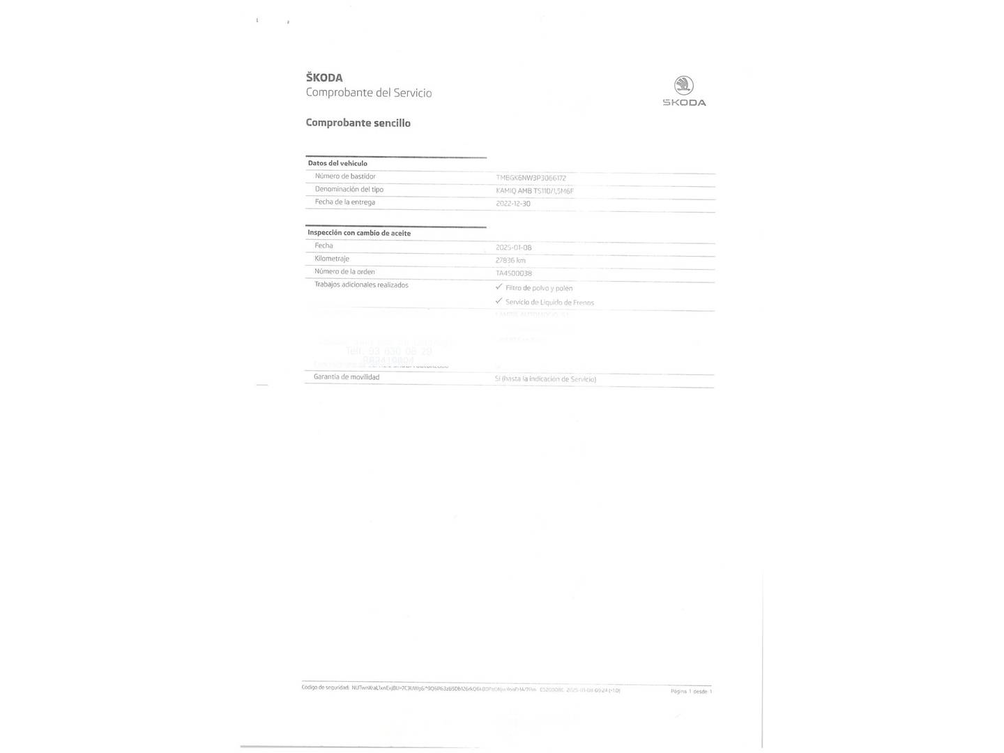 Foto del mantenimiento del Skoda Kamiq Skoda Kamiq 1.5 TSI Ambition (150 CV)