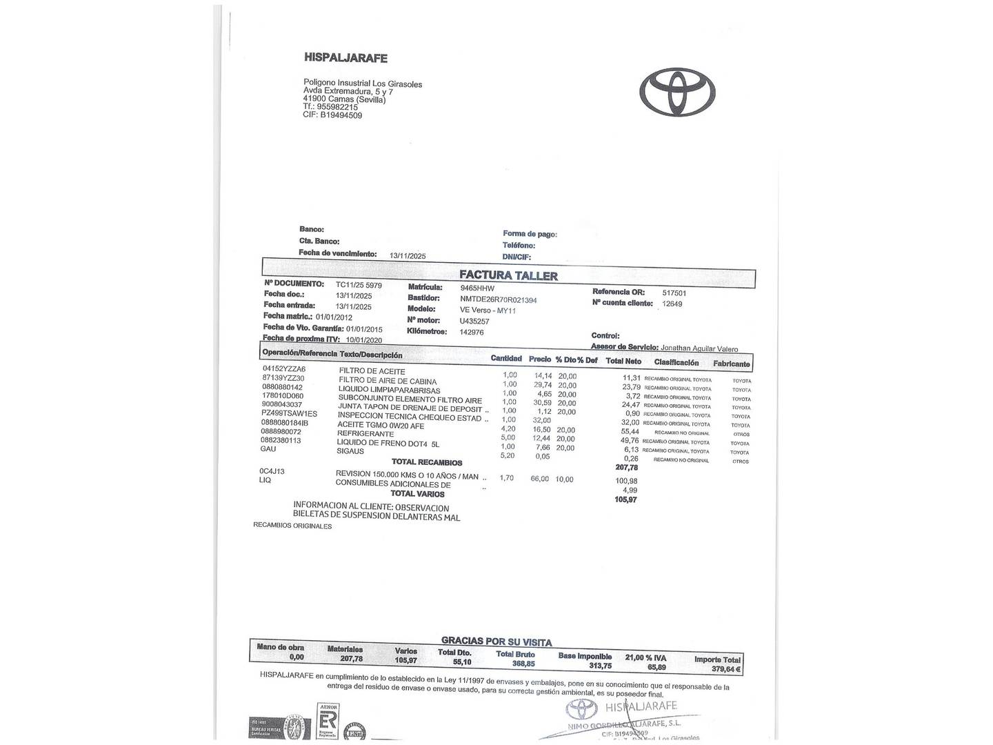 Foto del mantenimiento del Toyota Verso Toyota Verso 1.6 VVT-I Active 7 plazas (132 CV)