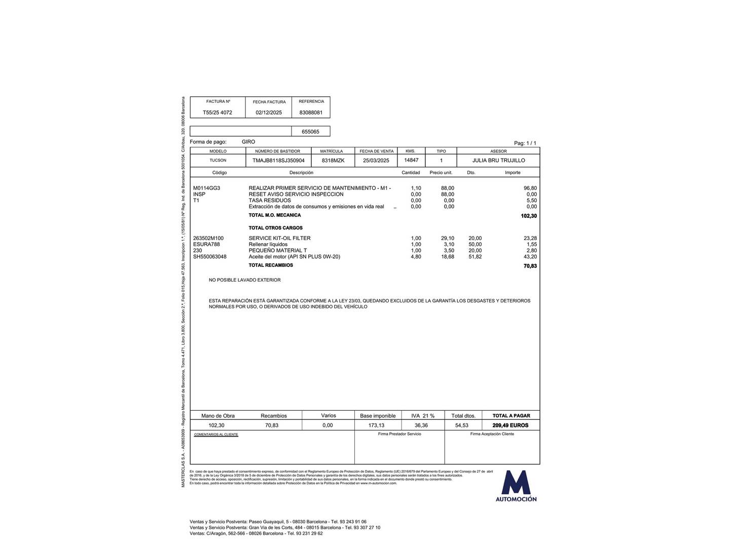 Foto del mantenimiento del Hyundai Tucson Hyundai Tucson 1.6T HEV Klass AT (215 CV)