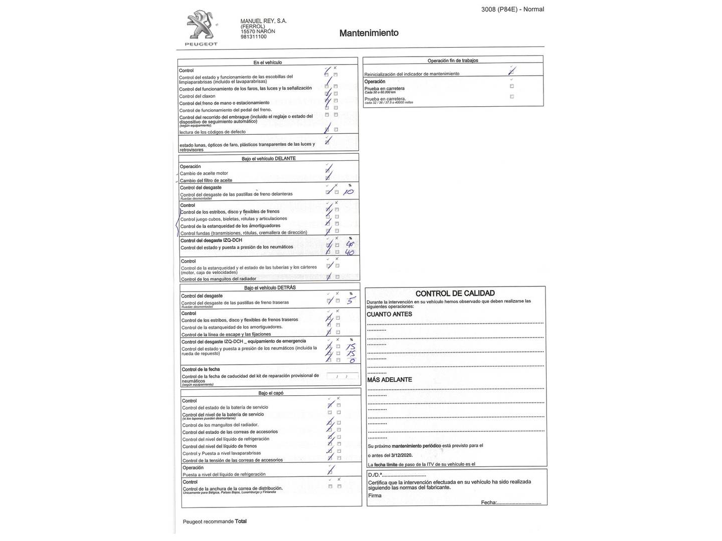 Foto del mantenimiento del Peugeot 3008 Peugeot 3008 PureTech 130 S&S Allure (130 CV)