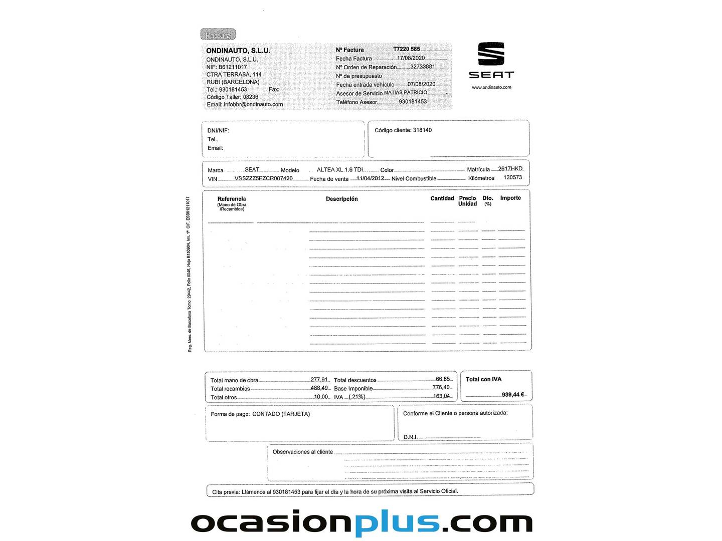 Foto del mantenimiento del Seat Altea XL SEAT Altea XL 1.6 TDI E-Ecomotive Reference (105 CV)