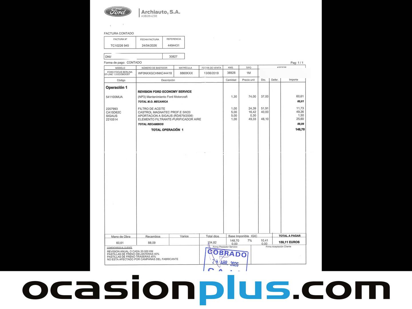 Foto del mantenimiento del Ford Focus Ford Focus 1.5 Ecoboost ST-Line Auto (150 CV)