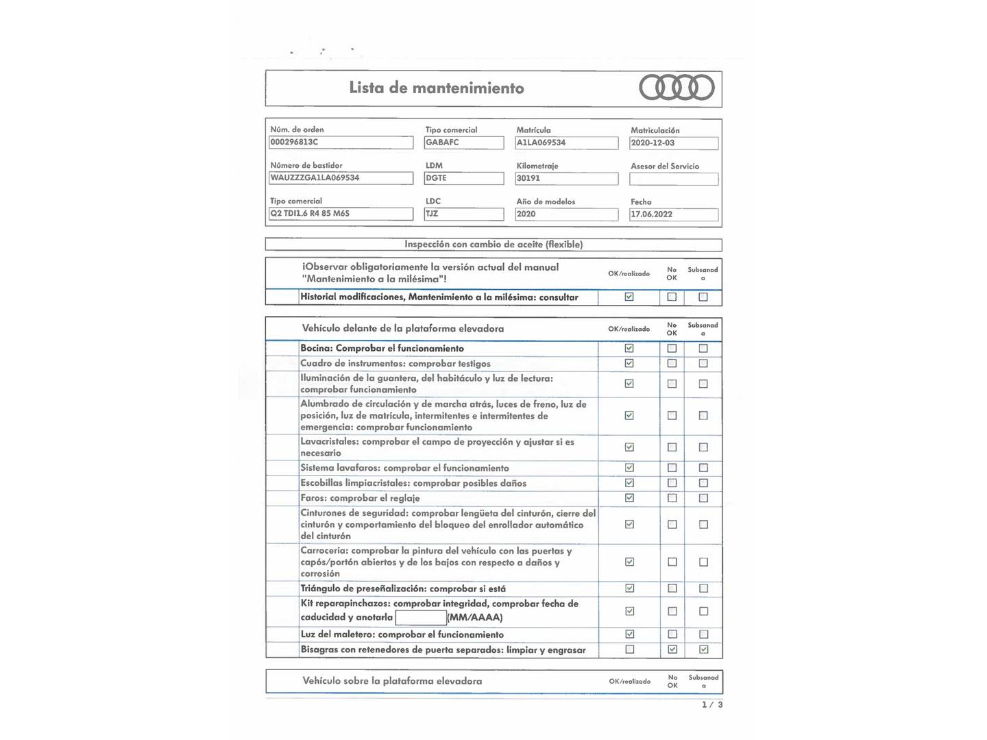 Foto del mantenimiento del Audi Q2 Audi Q2 Advanced 30 TDI (116 CV)