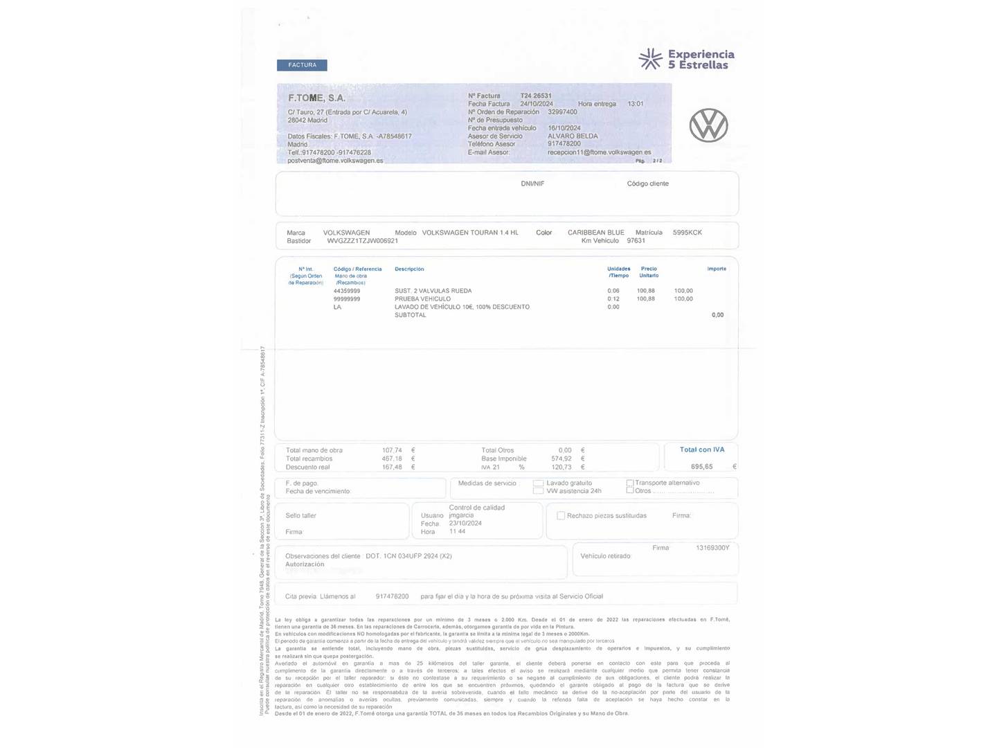 Foto del mantenimiento del Volkswagen Touran Volkswagen Touran Sport 1.4 TSI (150 CV) 7 Plazas