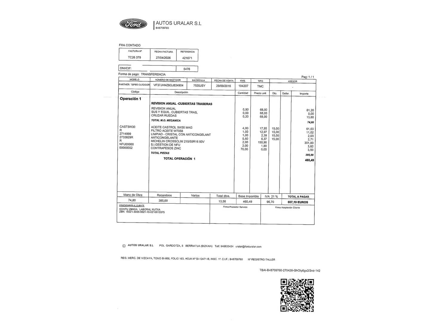 Foto del mantenimiento del Peugeot Partner Peugeot Partner Tepee Combi 1.2 PureTech Outdoor (110 CV)