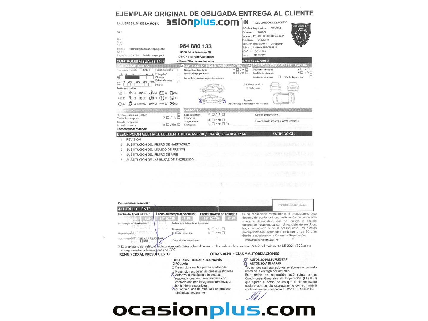 Foto del mantenimiento del Peugeot 308 Peugeot 308 PureTech 130 S&S Style (130 CV)