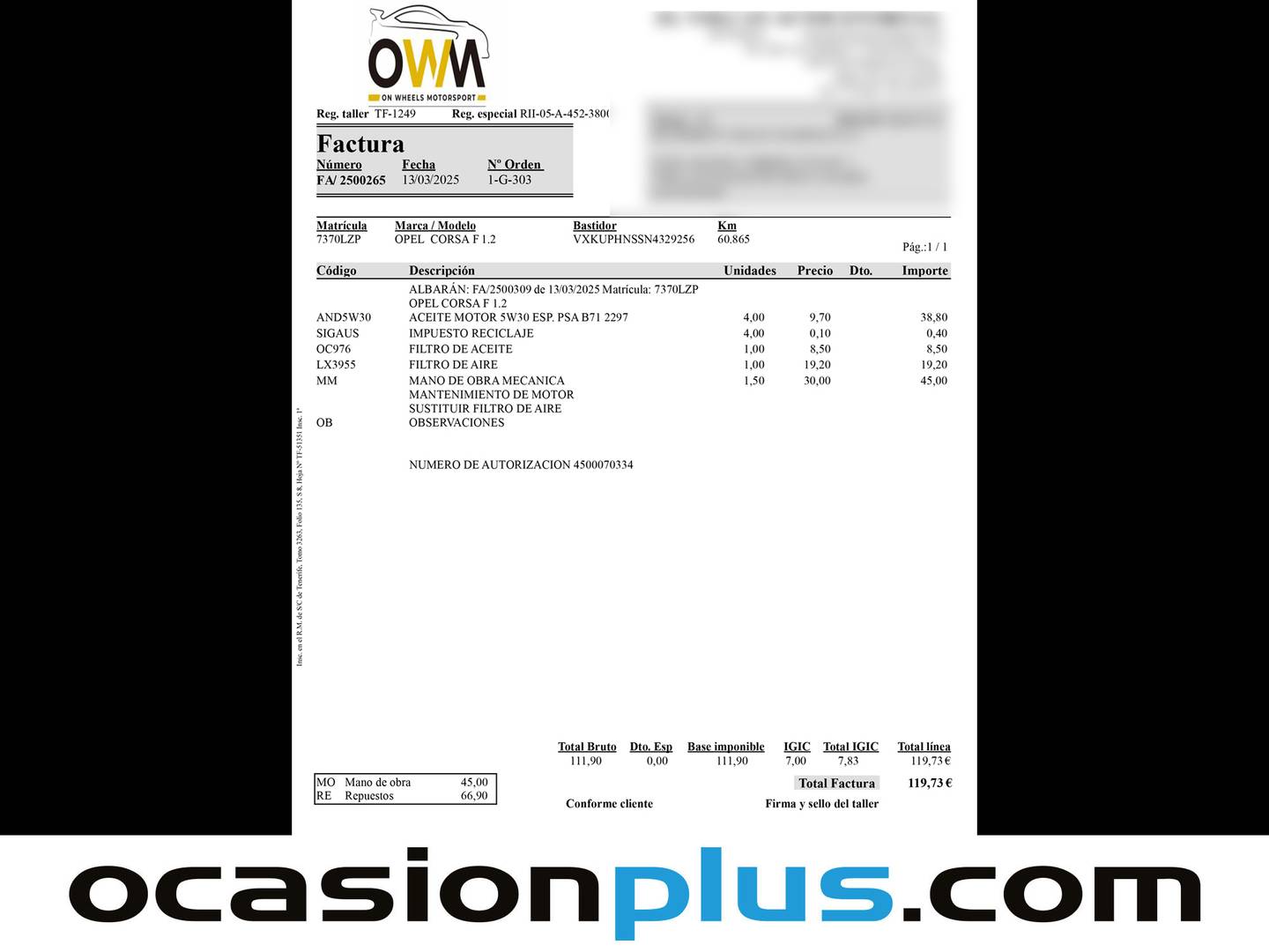 Foto del mantenimiento del Opel Corsa Opel Corsa 1.2 Turbo XHT GS-Line Auto (130 CV)