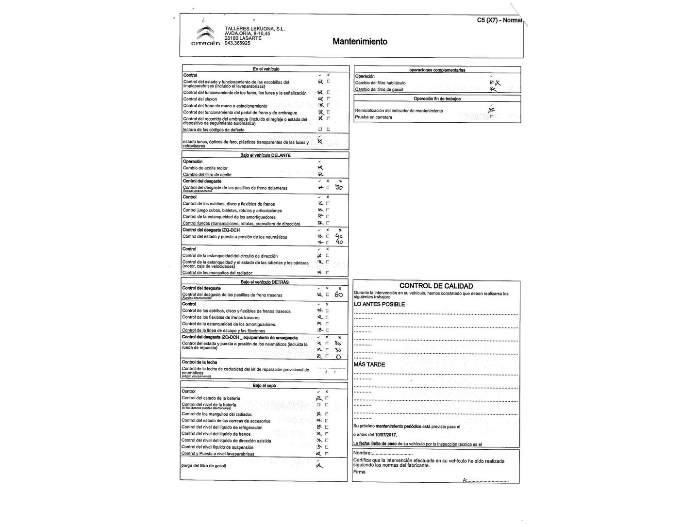 Foto del mantenimiento del Citroën C5 Citroën C5 Tourer 2.0HDI Premier (140 CV)
