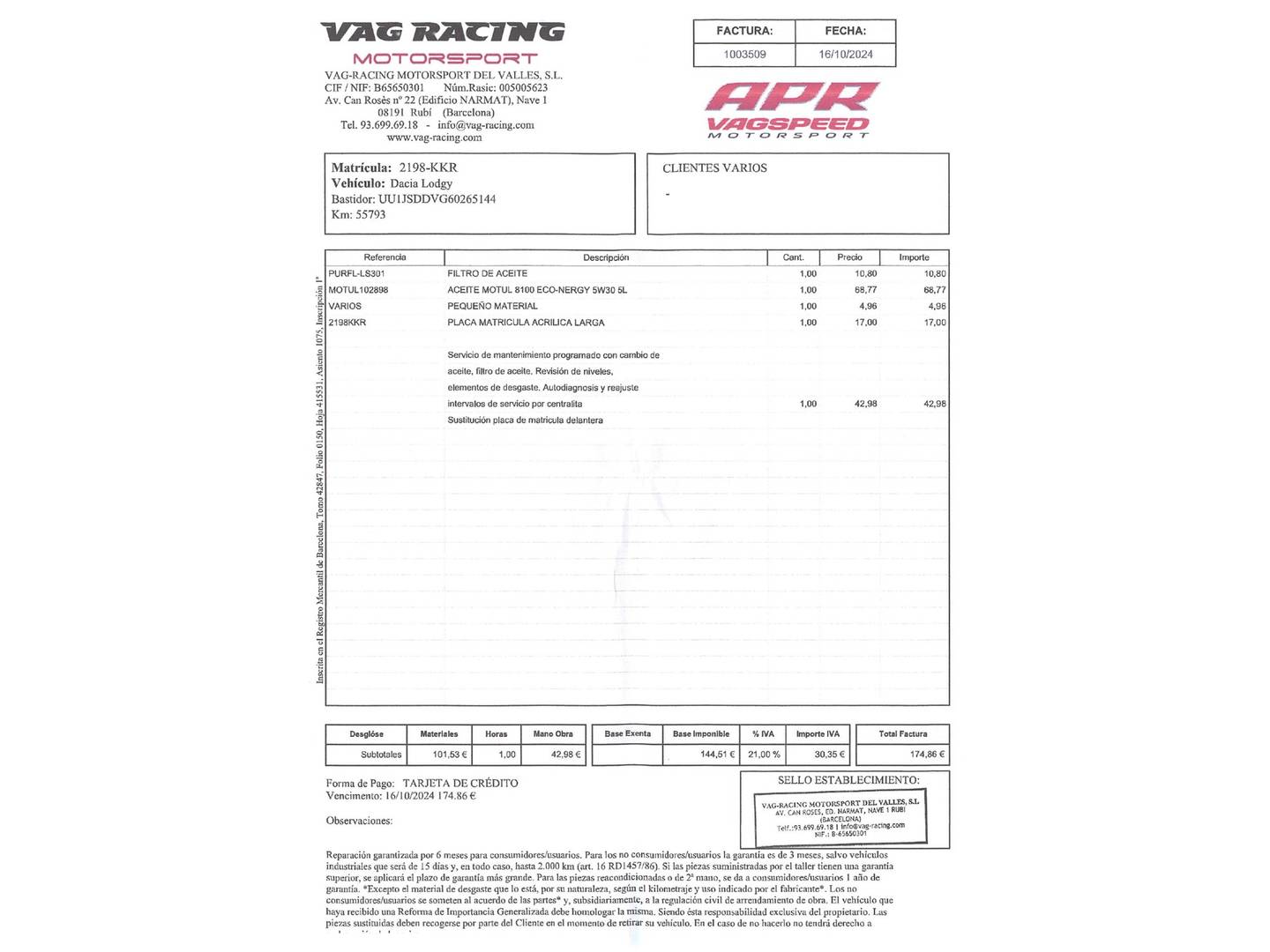 Foto del mantenimiento del Dacia Lodgy Dacia Lodgy Serie Limitada Nómada 1.6 (102 CV) 7 Plazas