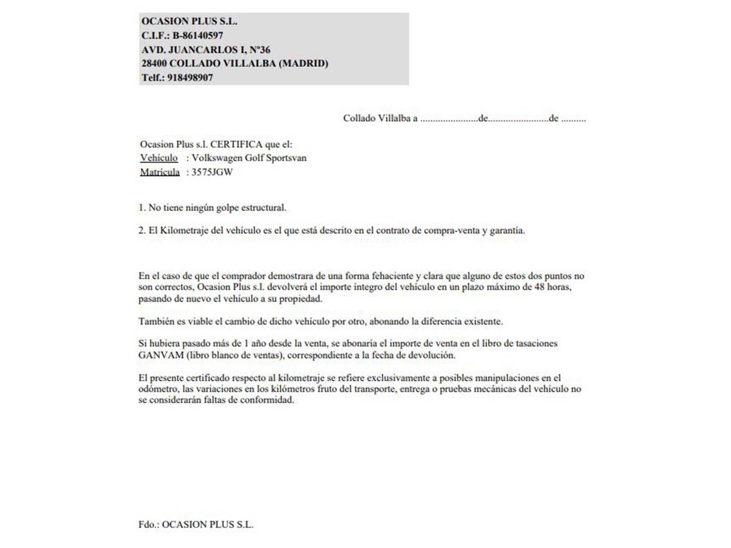 Foto del certificado del Volkswagen Golf Sportsvan Volkswagen Golf Sportsvan Advance 1.4 TSI BMT (125 CV)