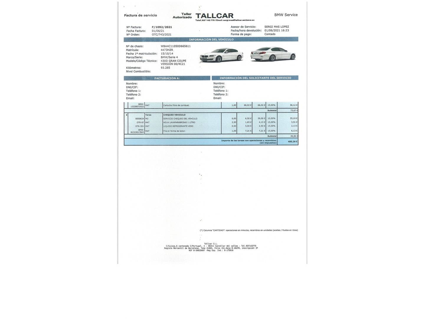 Foto del mantenimiento del BMW Serie 4 BMW Serie 4 430d Gran Coupe (258 CV) Pack Sport